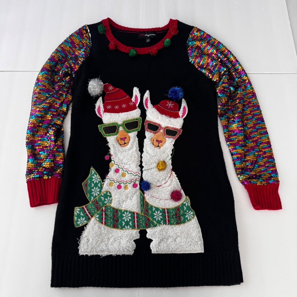 33 Degrees Llama Holiday Sweater Dress Sequin Sleeves Black Red Small